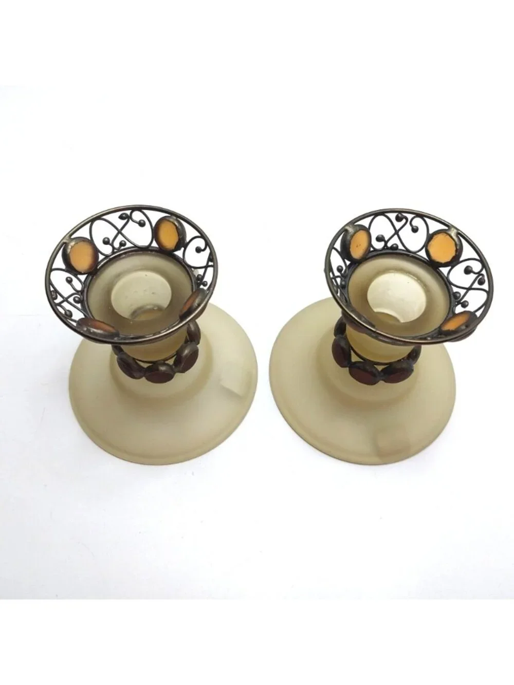 Partylite Paris Frosted Glass Metal Tealight Candle Holders Amber Vintage Pair - Picture 2 of 7